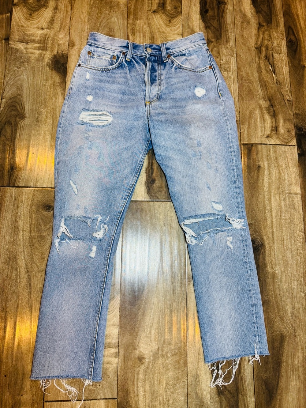 BOYISHLight Blue Distressed Straight Leg Jeans for Women